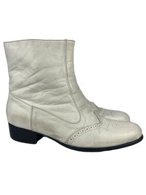 Vintage Botany 500 Mens White Leather Wingtip Zip Ankle Boots, 8 1/2M